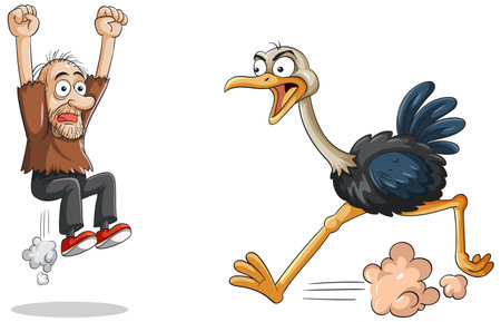 Cartoon-style vector illustration of a frightened man leaping upward while an aggressive ostrich runs toward him, both with exaggerated expressionsのイラスト素材