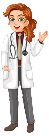 Vector illustration of a cheerful female doctor with stethoscope, wearing a white lab coat, professional attire, and gesturing with one handのイラスト素材