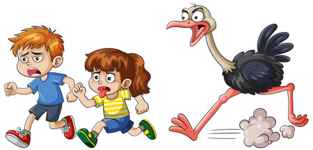 A colorful vector illustration of two children running from a fast-moving ostrich, showcasing dynamic movement and vibrant expressionsのイラスト素材