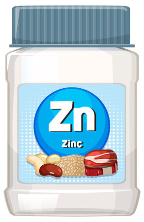 Vector illustration of a clear zinc supplement bottle, blue label, and food sources like nuts, seeds, and meat, flat styleのイラスト素材