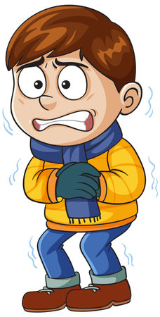 Illustration of a cartoon boy shivering in cold weather, wearing a yellow jacket, blue scarf, and glovesのイラスト素材