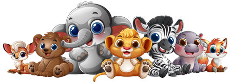 Cute cartoon animals sitting together in harmonyのイラスト素材