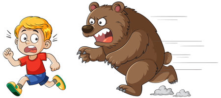 A cartoon boy runs from a fierce bear, showcasing dynamic movement and vibrant colors in a playful vector illustrationのイラスト素材