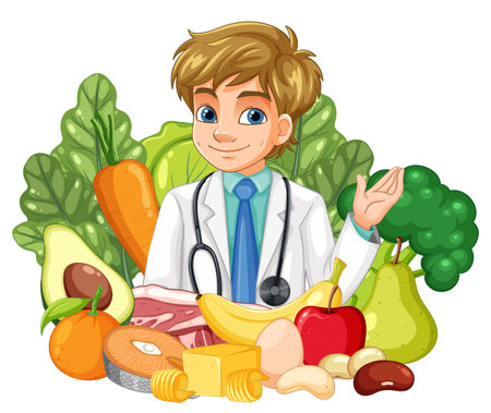 Vector illustration of a smiling young male nutritionist in a white coat with assorted fruits, vegetables, fish, and dairy in the foregroundのイラスト素材