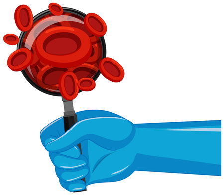 Vector illustration of a blue gloved hand holding a magnifying glass over red blood cells, using bold colors and clean lines for clarityのイラスト素材