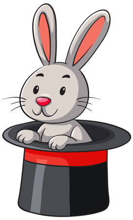 Vector illustration of a cute gray rabbit with pink ears popping out of a classic black magicianÃ¢ÂÂs hat, flat cartoon styleのイラスト素材