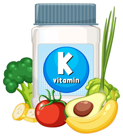 Vector illustration of a vitamin K supplement bottle surrounded by avocado, tomato, broccoli, banana, lettuce, and green onion in bright colorsのイラスト素材
