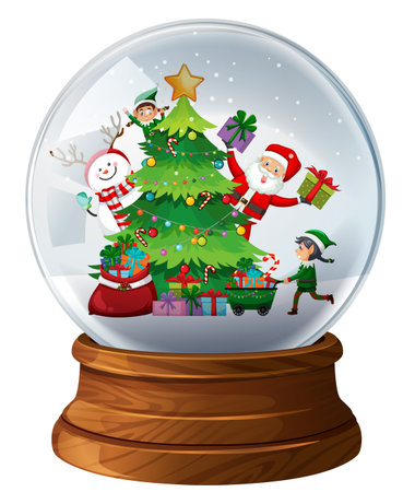 Vector illustration of a Christmas snow globe featuring Santa, elves, and a decorated tree in vibrant colorsのイラスト素材