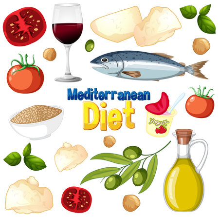 Colorful vector illustration of Mediterranean diet foods with fish, vegetables, and olive oil. Bright, clean composition with vibrant colorsのイラスト素材