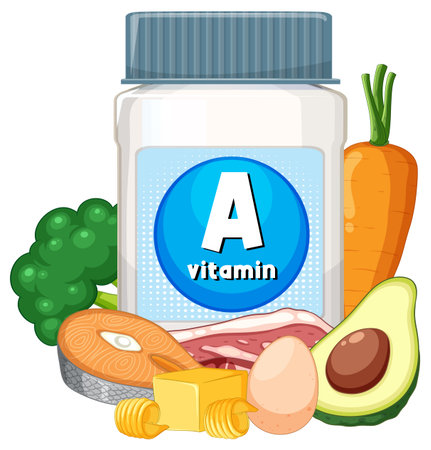 Vector illustration of a vitamin A supplement bottle surrounded by nutrient-rich foods like salmon, egg, avocado, carrot, broccoli, and cheese. Bright, clean colors and flat design styleのイラスト素材
