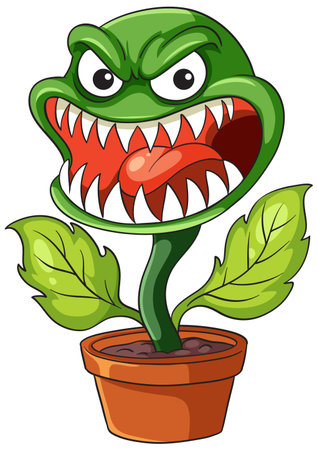 Vector illustration of a fierce, green carnivorous plant with sharp teeth and angry expression, set in a brown flower pot with two leavesのイラスト素材