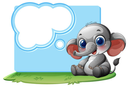 Adorable elephant sitting on grass with speech bubbleのイラスト素材