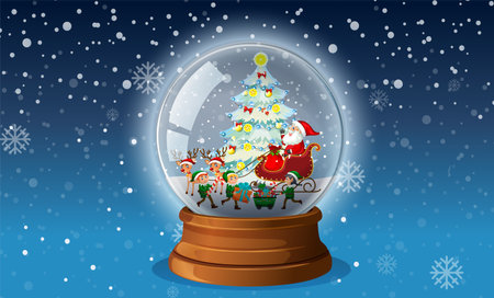 Vector illustration of a snow globe containing Santa, reindeer, and a decorated Christmas tree, set against a snowy backgroundのイラスト素材