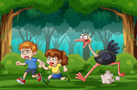 Two frightened children sprint away from a chasing ostrich in a vibrant, cartoon-style forest environment with bold colors and dynamic compositionのイラスト素材