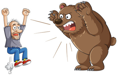 Cartoon vector illustration of a scared man leaping in fear as a large, roaring bear raises its claws. Bold outlines, flat colorsのイラスト素材