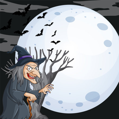 Vector illustration of a sinister witch with a cane, gnarled tree, and flying bats against a large glowing full moon in a dark skyのイラスト素材
