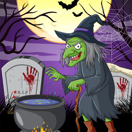 Evil green-skinned witch with pointed hat stirs bubbling cauldron in moonlit graveyard, surrounded by tombstones, bats, and spider webs in vector styleのイラスト素材