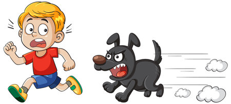 A frightened boy runs from a barking dog in a colorful vector illustration, emphasizing humor and actionのイラスト素材