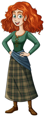 Vector illustration of a cheerful red-haired girl with curly hair, wearing a green top and plaid skirt, hands on hips, cartoon styleのイラスト素材
