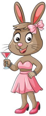 Vector illustration of a cheerful cartoon bunny wearing a pink dress and bow, holding a cocktail glass, in a playful, flat design styleのイラスト素材