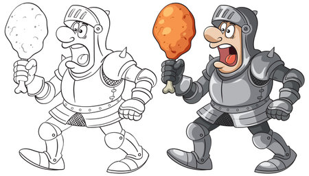 Humorous vector illustration of a cartoon knight in armor holding a large chicken drumstick, showcasing bold colors and outlinesのイラスト素材