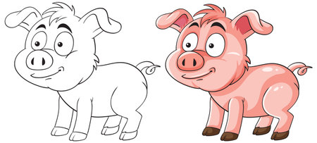 Vector illustration of a cheerful pig in both color and outline styles, showcasing playful expression and cartoon aestheticsのイラスト素材