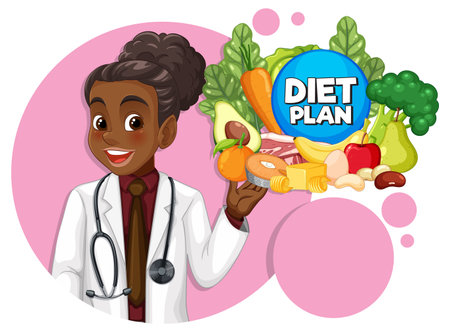 Vector illustration of a smiling nutritionist holding healthy foods and a diet plan sign, with vibrant colors and clean, modern styleのイラスト素材