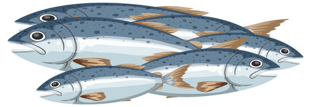 Vector illustration of five blue fish with speckled scales, arranged closely together, using flat colors and clean outlines in a side viewのイラスト素材