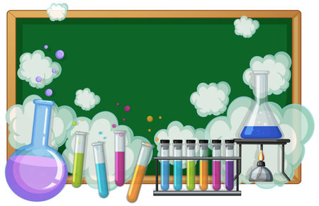 Vector illustration of laboratory glassware with colorful liquids, test tubes, and a chalkboard backdrop in a playful, cartoon styleのイラスト素材