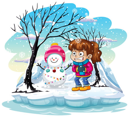 Vector illustration of a smiling girl in winter attire next to a festive snowman on a snowy landscape with bare trees and falling snowのイラスト素材