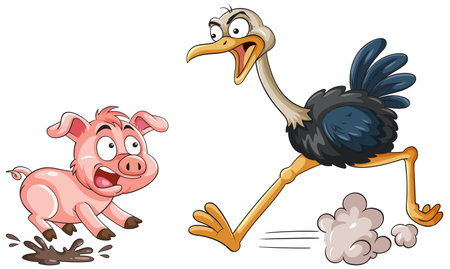 A cartoon pig and ostrich in a humorous chase, showcasing vibrant colors and dynamic expressions in a flat design styleのイラスト素材