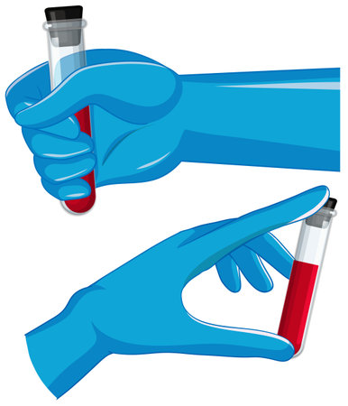 Vector illustration of blue gloved hands grasping and holding blood-filled test tubes, emphasizing laboratory safety and clinical medical procedures in a clean styleのイラスト素材