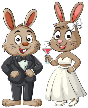 Vector illustration of two cartoon rabbits dressed as bride and groom, standing side by side, with the bride holding a cocktail glassのイラスト素材