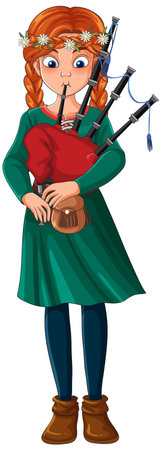 Vector illustration of a red-haired girl in green dress and flower crown playing bagpipes, full-length, with clean lines and vibrant colorsのイラスト素材