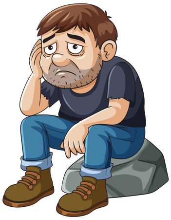 A cartoon man with a sad expression sits on a rock, wearing casual clothes and bootsのイラスト素材