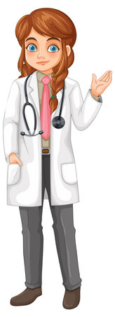 Vector illustration of a smiling female doctor with brown hair, stethoscope, and professional attire, standing and gesturing on a white backgroundのイラスト素材