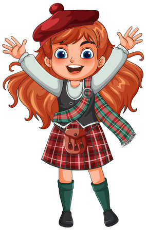 Vector illustration of a cheerful red-haired girl wearing a tartan kilt, sash, beret, and sporran, arms raised, isolated on white backgroundのイラスト素材