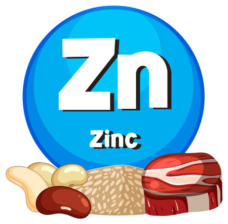 Vector illustration of zinc symbol with various zinc-rich foods, including nuts, seeds, and meat, in a clean, flat design styleのイラスト素材