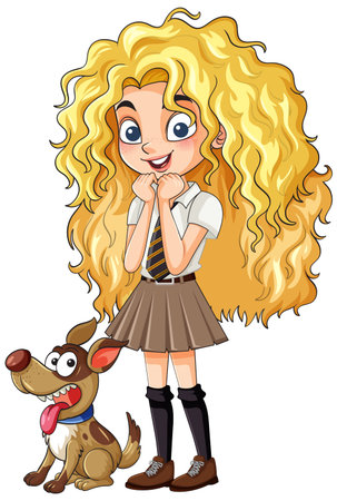Cartoon vector illustration of cheerful schoolgirl with long curly blonde hair and excited dog, bright colors, clean outlines, white backgroundのイラスト素材