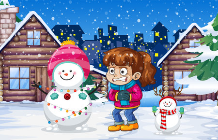 Cartoon girl in winter clothes stands beside two decorated snowmen in a snowy village at night, with log cabins and city lights in backgroundのイラスト素材