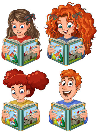 Four cartoon children with varied hairstyles read colorful storybooks, displaying joyful and curious expressions. Bright vector style, white background, frontal viewのイラスト素材