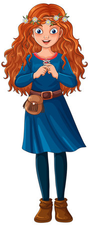 Vector illustration of a smiling red-haired girl in a blue dress, wearing a flower crown and brown boots, standing front-facing with hands claspedのイラスト素材