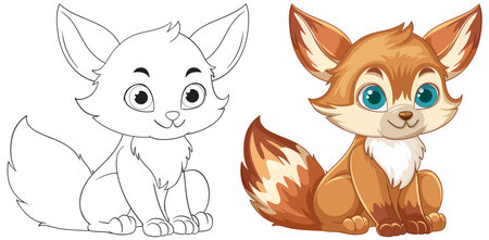 Adorable fox illustration in vector style, showcasing both outline and colored versions. Perfect for children's media and educational materialsのイラスト素材