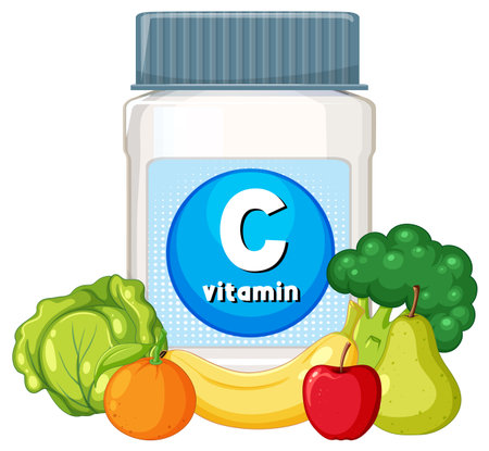 Vector illustration of a vitamin C bottle surrounded by broccoli, lettuce, orange, banana, apple, and pear in a clean, colorful styleのイラスト素材