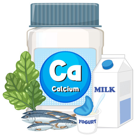 Vector illustration of calcium supplement bottle, milk carton, yogurt cup, leafy greens, and fish, using bright colors and clean outlinesのイラスト素材