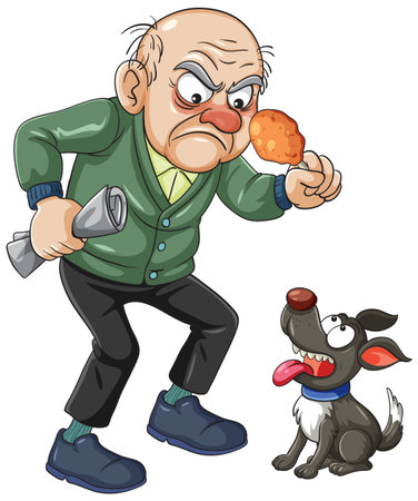 Cartoon vector illustration of a grumpy elderly man holding a cookie and newspaper, scolding an eager, happy dog on white backgroundのイラスト素材