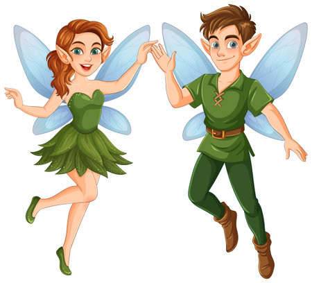 Two fairies with blue wings and green outfits, smiling and holding hands. Whimsical style with vibrant colorsのイラスト素材