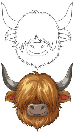 Front-facing Highland cow head in cartoon style, shown in both full color and black outline versions. Clean lines, soft shading, and white backgroundのイラスト素材