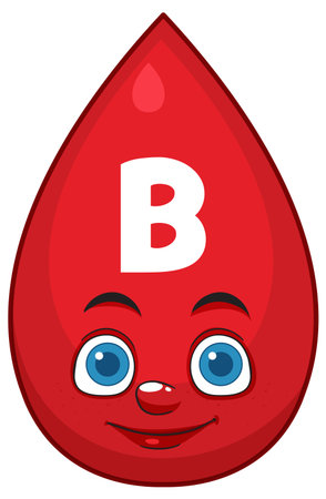 Vector illustration of a cheerful red blood drop cartoon with large blue eyes and a bold white B, flat style, isolated on whiteのイラスト素材