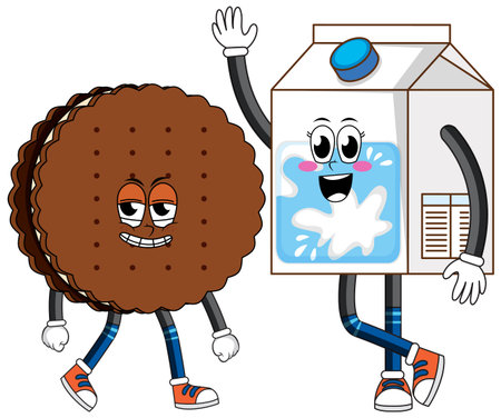 Vector illustration of a smiling milk carton and a chocolate sandwich cookie with faces, arms, and legs, walking side by side in a playful cartoon styleのイラスト素材